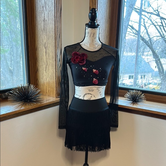 Two piece Black Long Sleeve Dance Dress with Red Accents Size Small - Picture 1 of 10